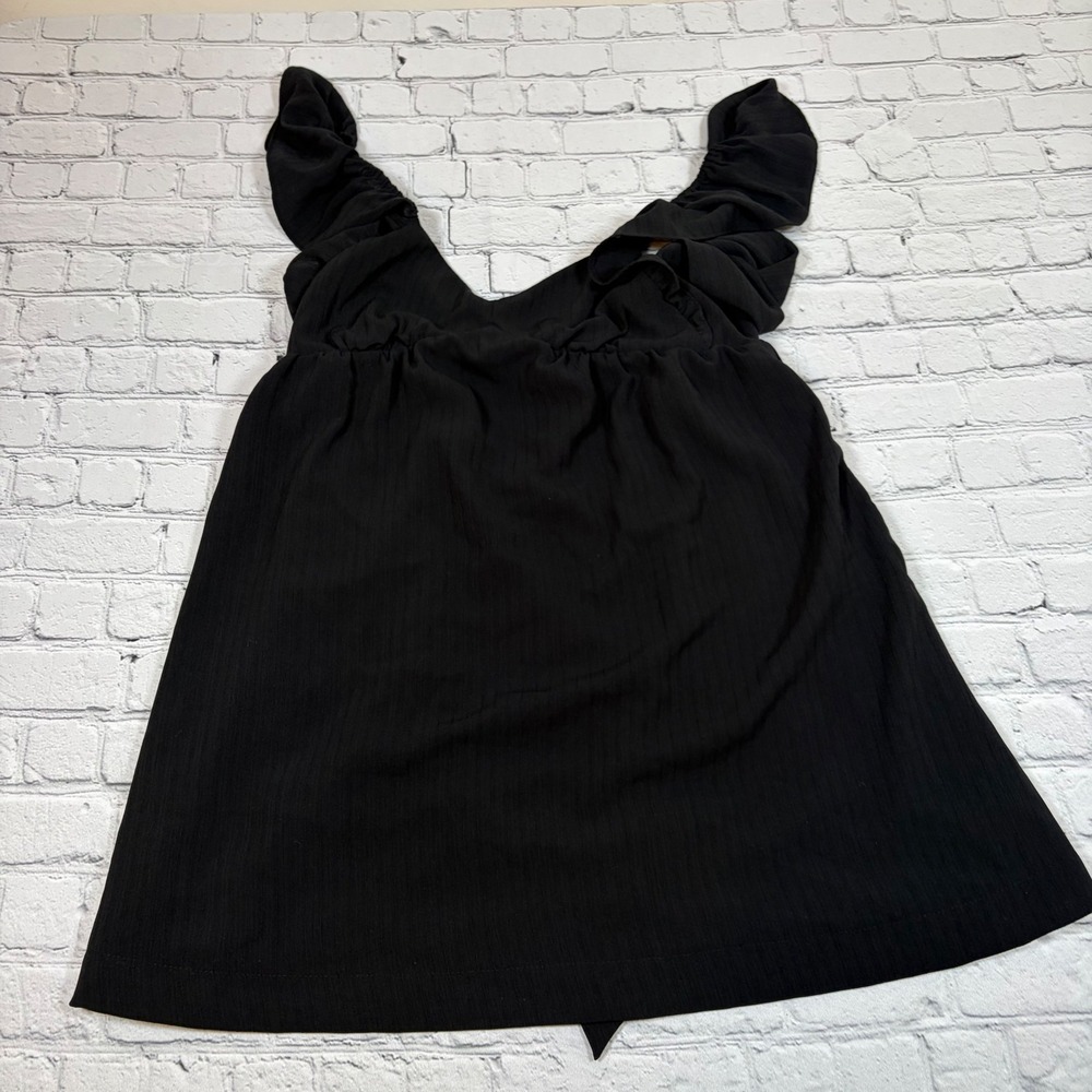 Blu Pepper Black Ruffle Flutter Sleeve Babydoll Top V-Neck Open Tie Back CR2233